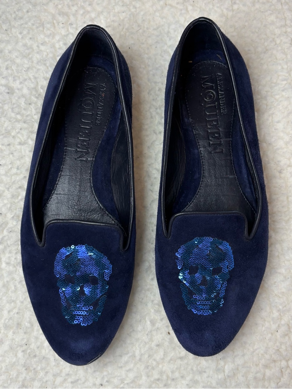 Alexander McQueen Women Blue Suede and Sequin Logo Flat Loafers